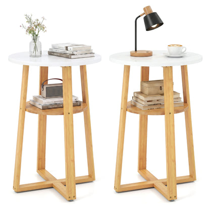 2-Tier End Tables Set of 2 with Lower Shelf X-shaped Base and Anti-Slip Foot Pads-White + Natural