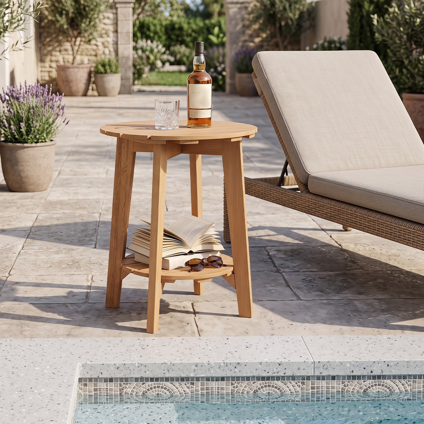 2-Tier Eucalyptus Wood Side Table with Slatted Tabletop and Storage Shelf for Outdoor-Natural