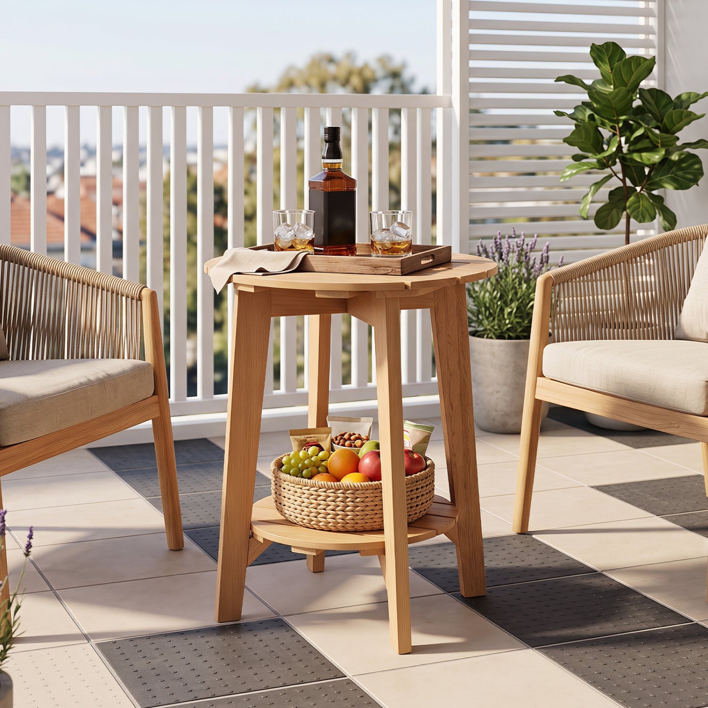 2-Tier Eucalyptus Wood Side Table with Slatted Tabletop and Storage Shelf for Outdoor-Natural