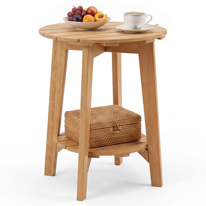 2-Tier Eucalyptus Wood Side Table with Slatted Tabletop and Storage Shelf for Outdoor-Natural