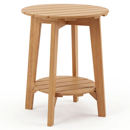 2-Tier Eucalyptus Wood Side Table with Slatted Tabletop and Storage Shelf for Outdoor-Natural