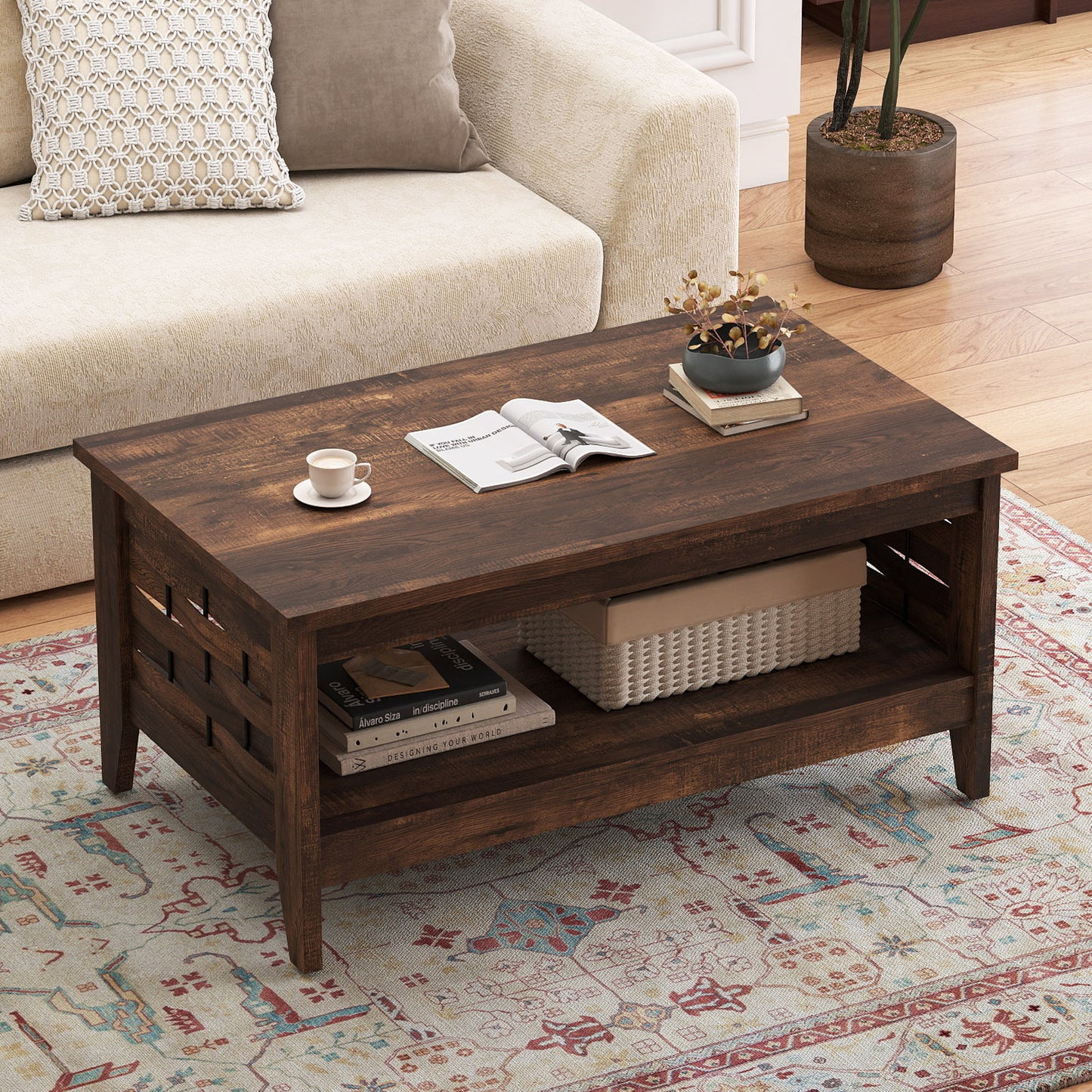 2-Tier Farmhouse Coffee Table with Open Shelf and Woven Decorations for Living Room-Oak