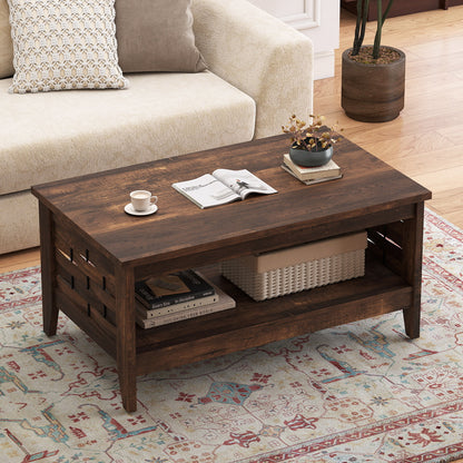 2-Tier Farmhouse Coffee Table with Open Shelf and Woven Decorations for Living Room-Oak