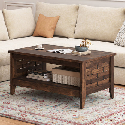 2-Tier Farmhouse Coffee Table with Open Shelf and Woven Decorations for Living Room-Oak