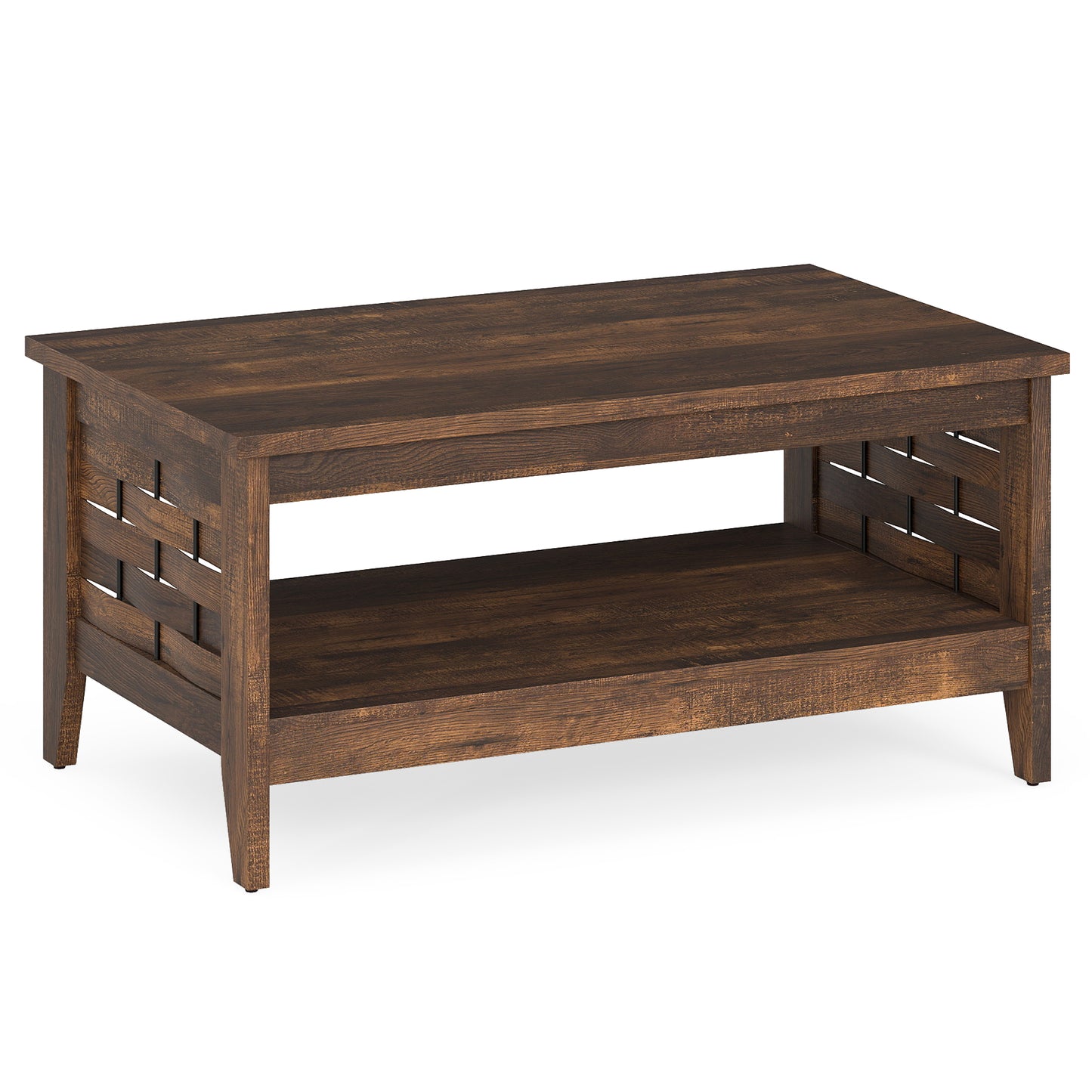 2-Tier Farmhouse Coffee Table with Open Shelf and Woven Decorations for Living Room-Oak