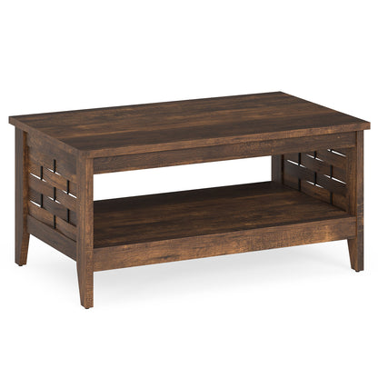 2-Tier Farmhouse Coffee Table with Open Shelf and Woven Decorations for Living Room-Oak