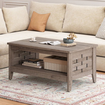2-Tier Farmhouse Coffee Table with Open Shelf and Woven Decorations for Living Room-Oak