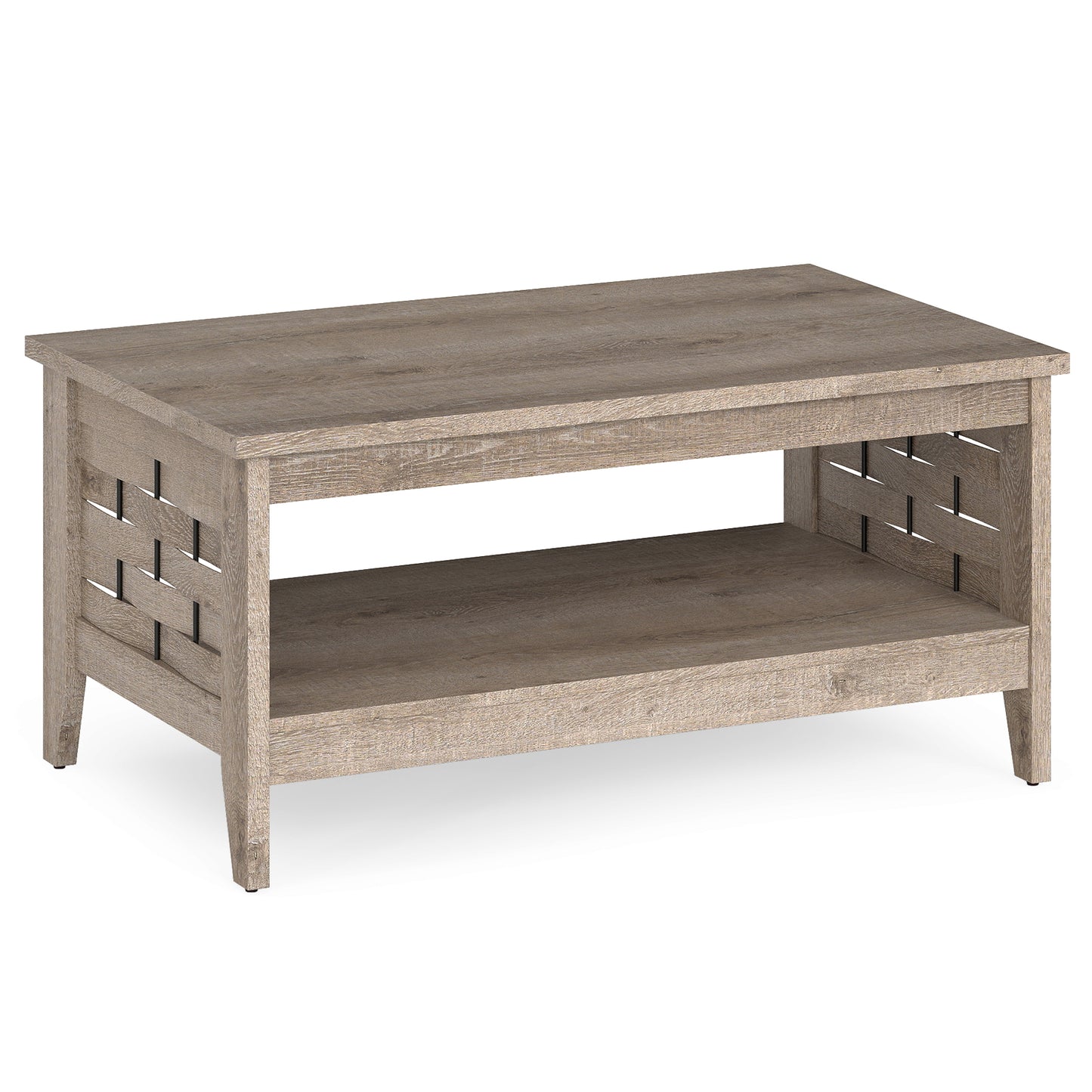 2-Tier Farmhouse Coffee Table with Open Shelf and Woven Decorations for Living Room-Oak