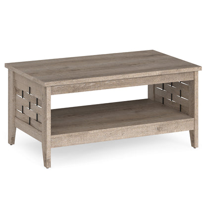 2-Tier Farmhouse Coffee Table with Open Shelf and Woven Decorations for Living Room-Oak
