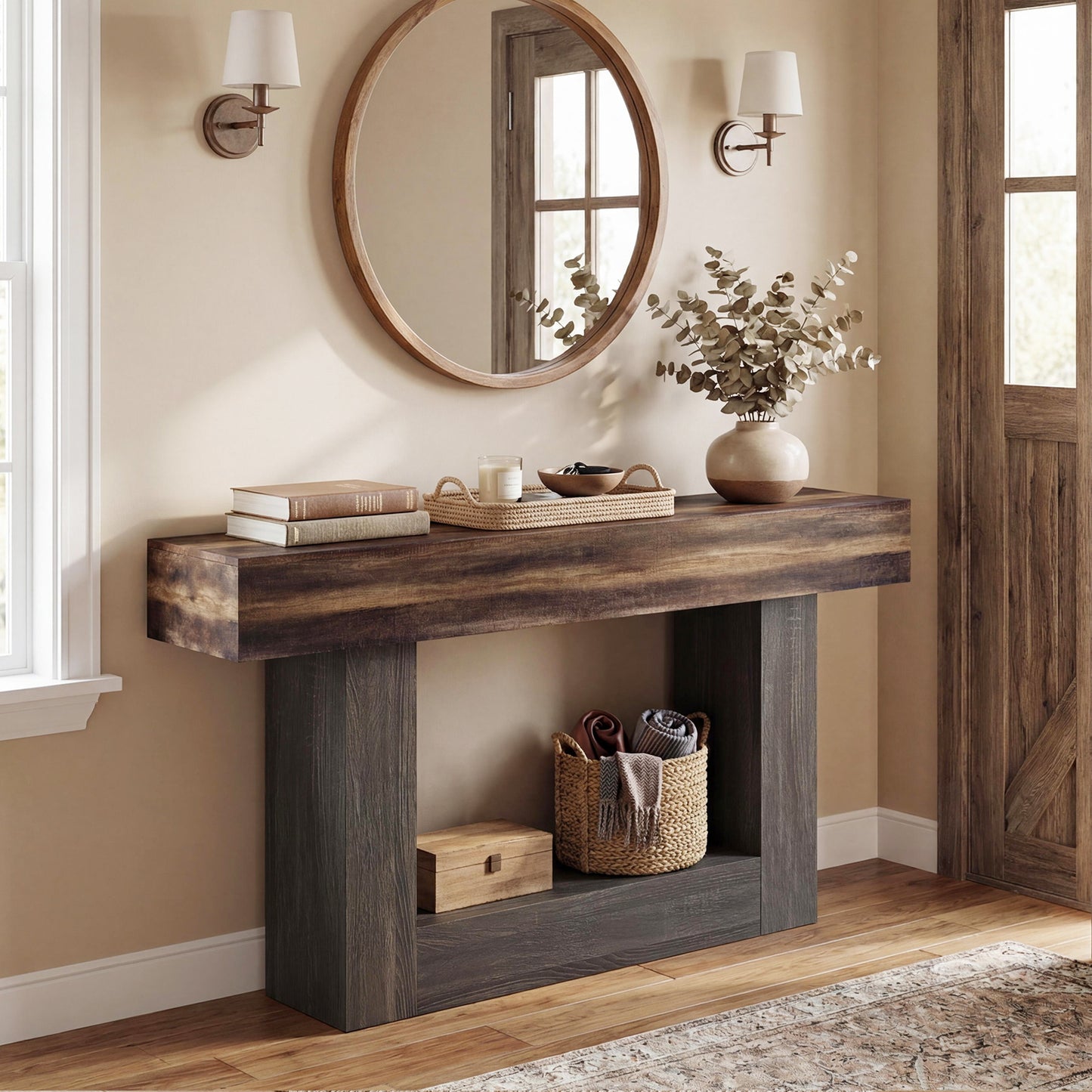 2-Tier Farmhouse Console Table 63" Long with Storage Shelf-Rustic Brown