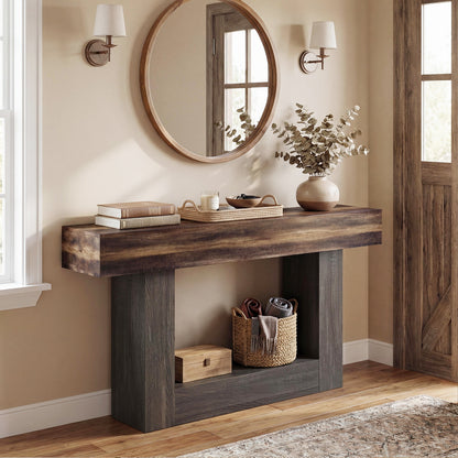 2-Tier Farmhouse Console Table 63" Long with Storage Shelf-Rustic Brown