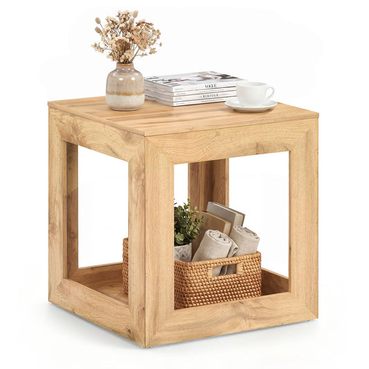 Farmhouse 2-tier end table with storage shelf in natural wood finish, featuring a rustic design for living room decor.