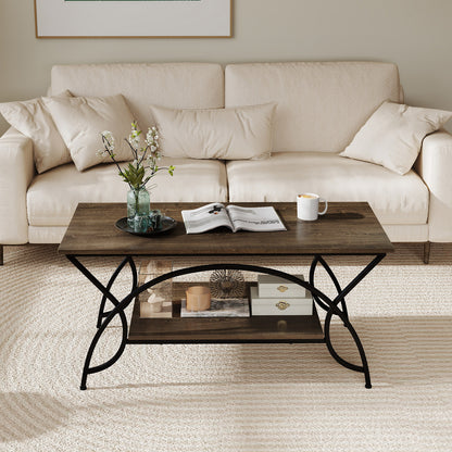 2-Tier Faux Marble Coffee Table with Marble Top and Metal Frame-Oak