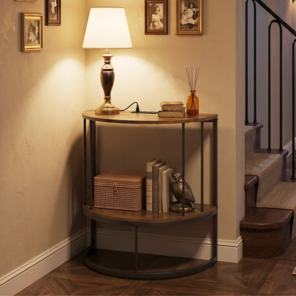 2-Tier Half Moon Console Table with Power Outlets and Storage Shel for Hallway-Rustic Brown