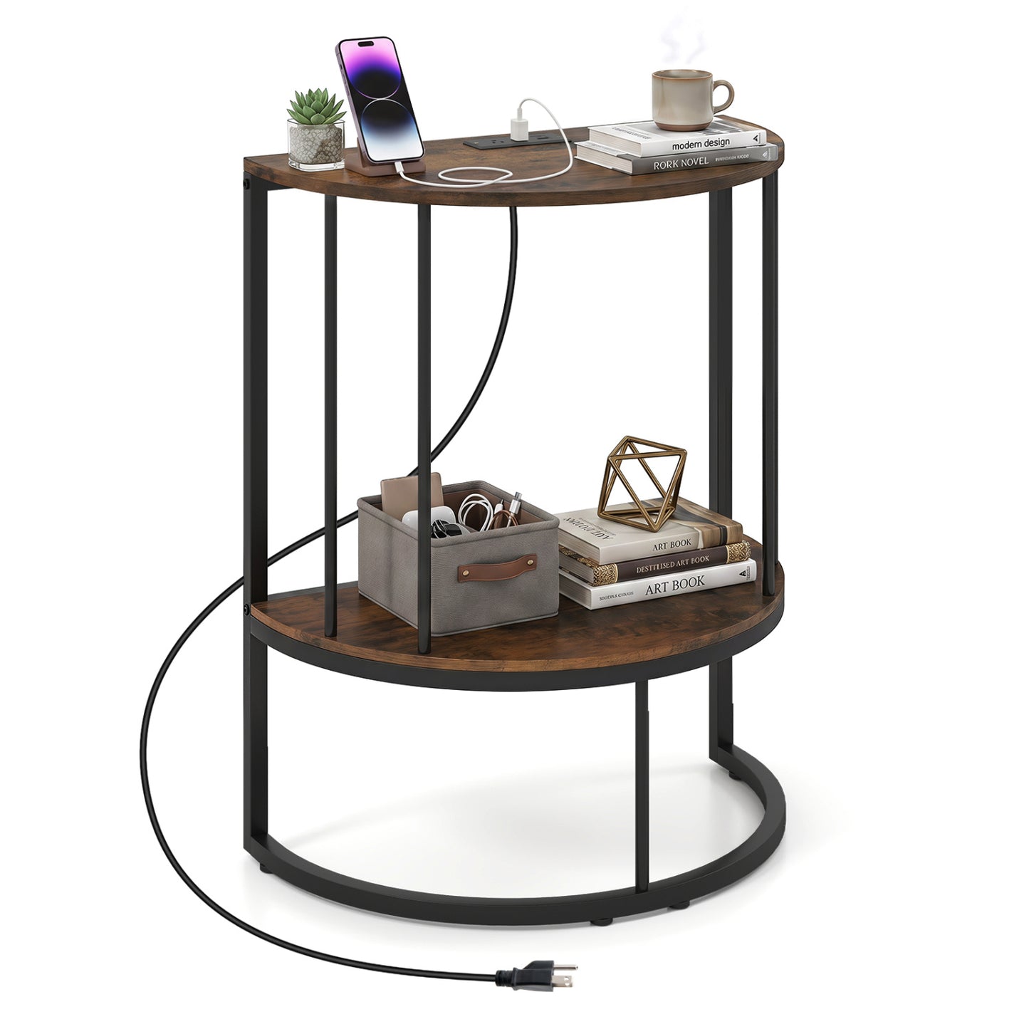 2-Tier Half Moon Console Table with Power Outlets and Storage Shel for Hallway-Rustic Brown