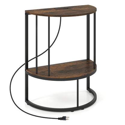 2-Tier Half Moon Console Table with Power Outlets and Storage Shel for Hallway-Rustic Brown