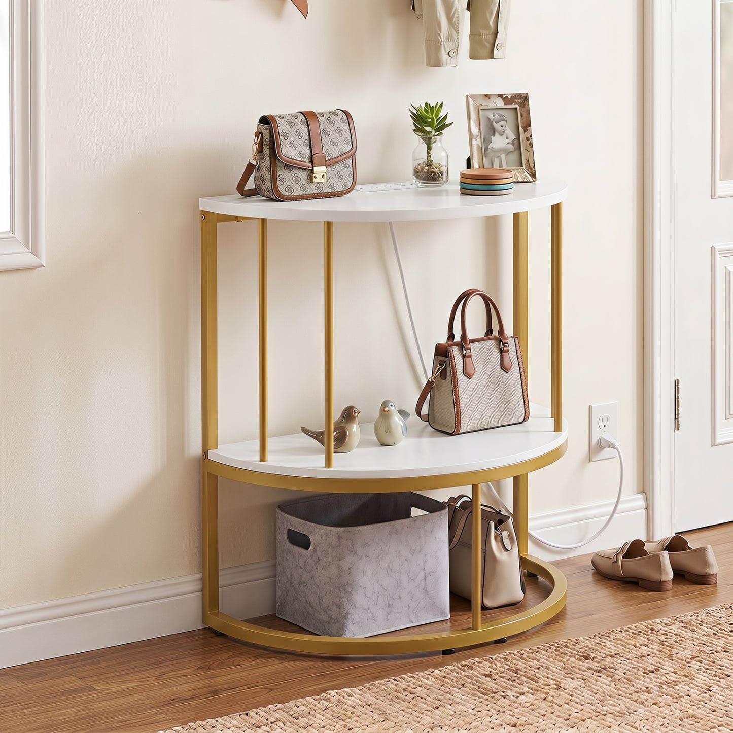 2-Tier Half Moon Console Table with Power Outlets and Storage Shel for Hallway-Rustic Brown