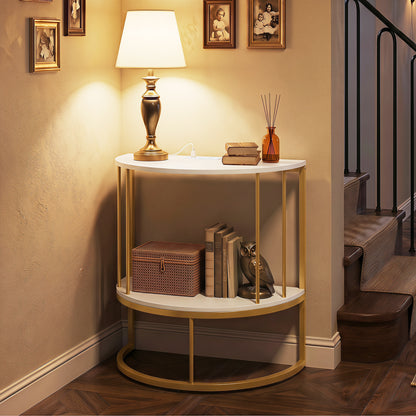 2-Tier Half Moon Console Table with Power Outlets and Storage Shel for Hallway-Rustic Brown