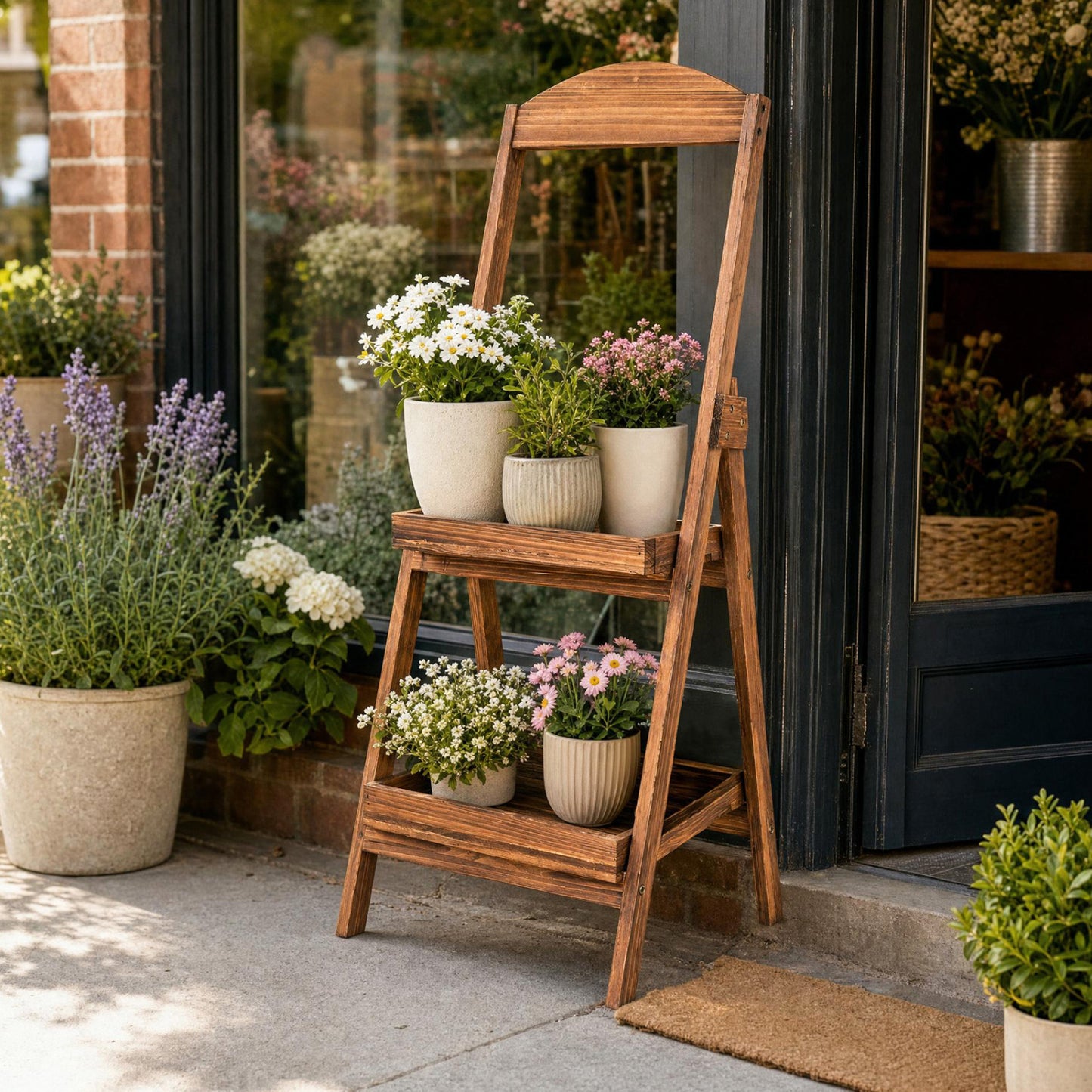 2-Tier Ladder Shelf Rustic Plant Stand with Fir Wood Frame-Rusticbrown