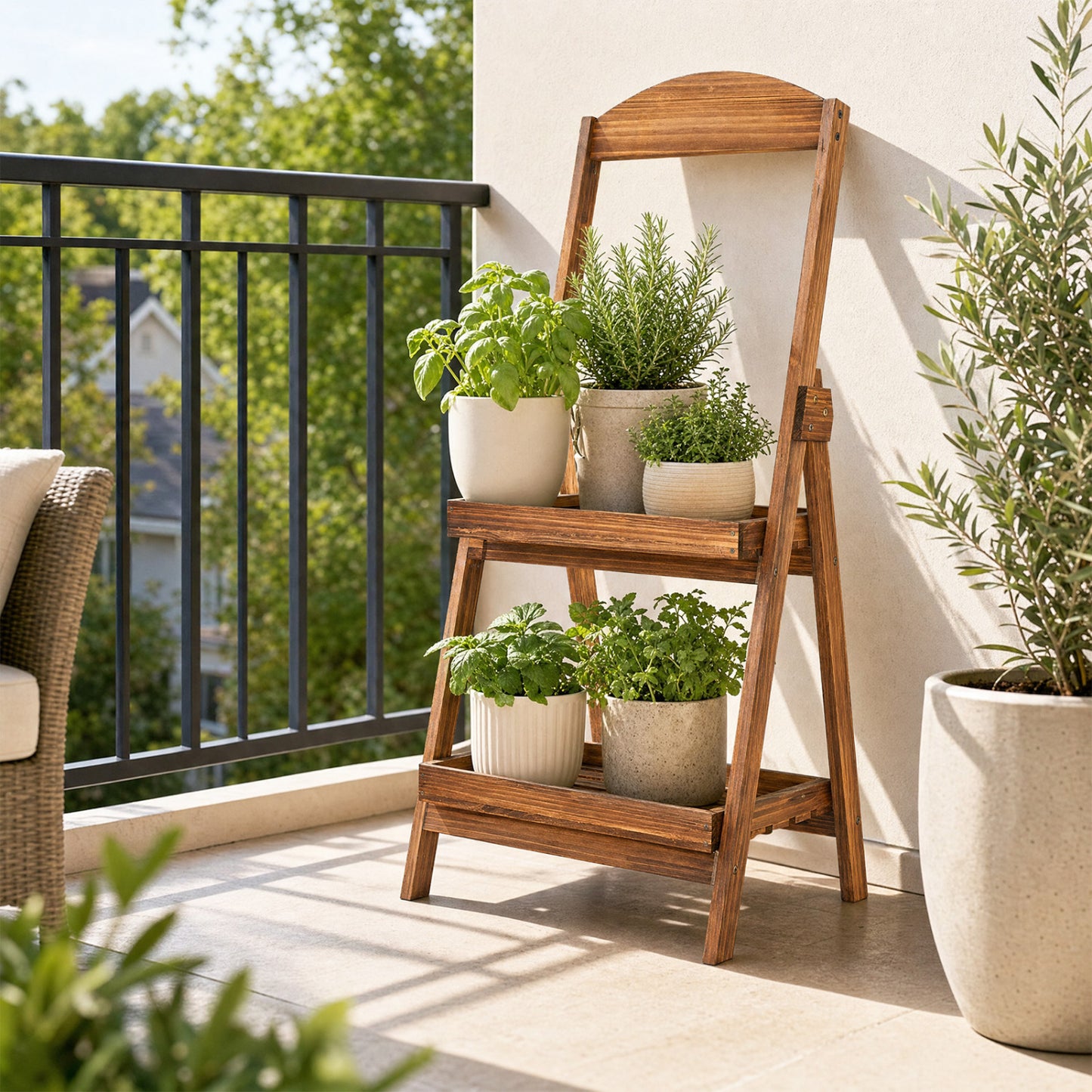 2-Tier Ladder Shelf Rustic Plant Stand with Fir Wood Frame-Rusticbrown