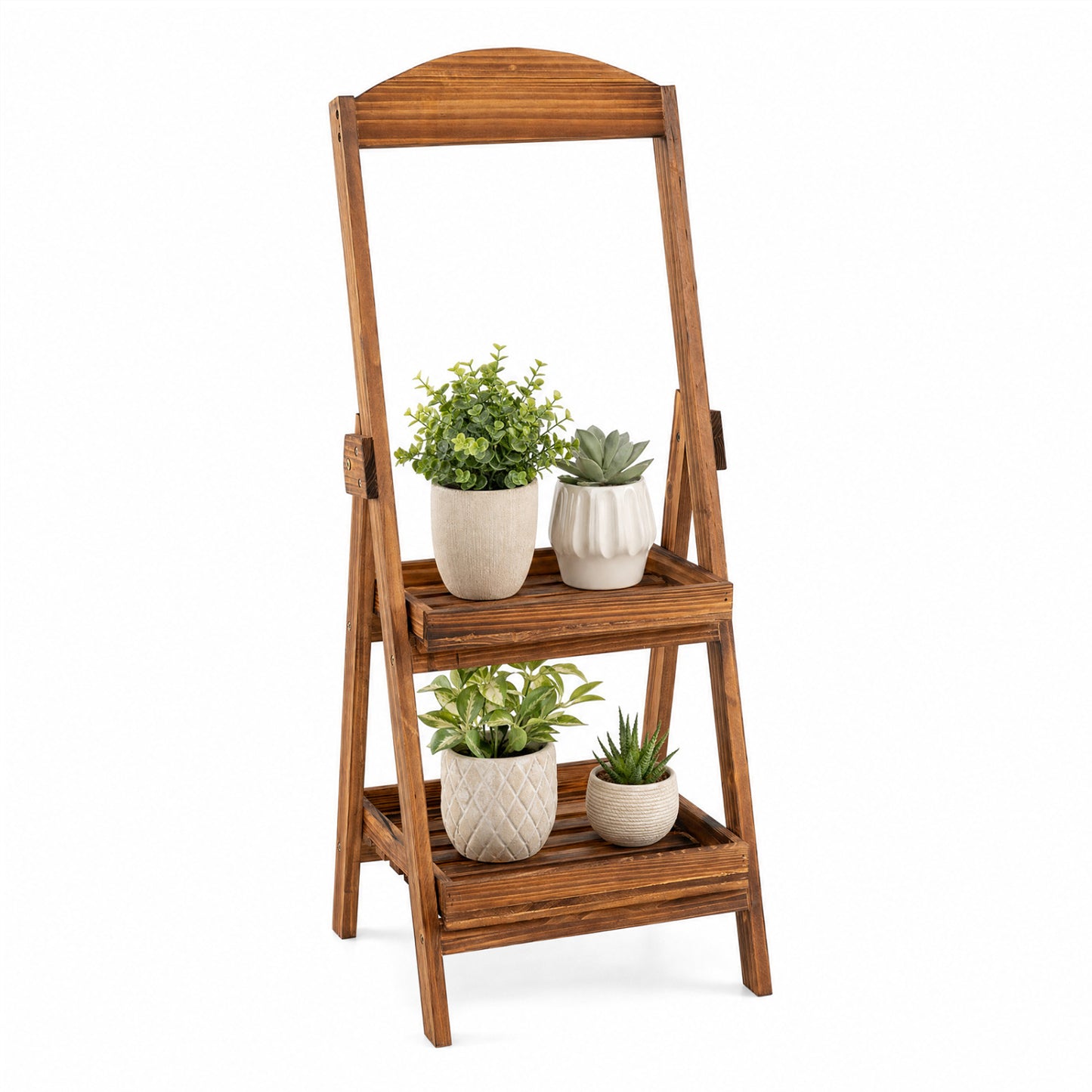 2-Tier Ladder Shelf Rustic Plant Stand with Fir Wood Frame-Rusticbrown