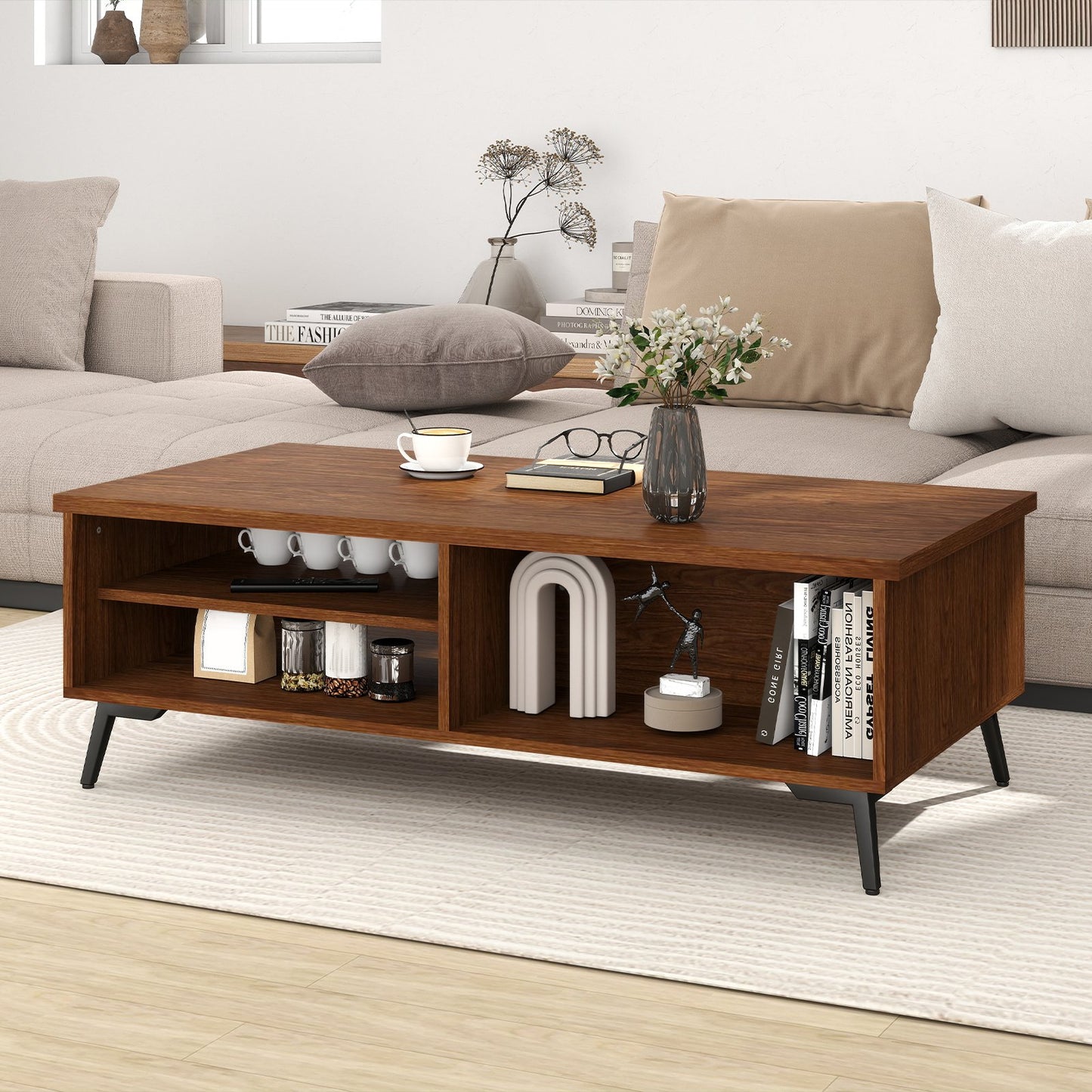 2-Tier Mid Century Modern Coffee Table with Storage Shelves Compartments-Blue