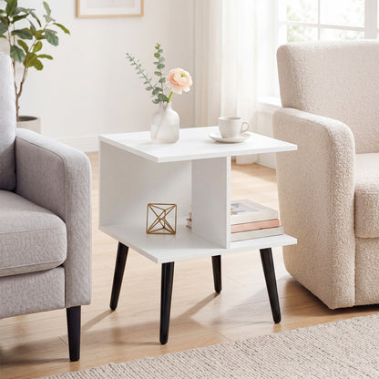 White 2-tier mid-century modern end table with two compartments and metal legs, ideal for living room decor.