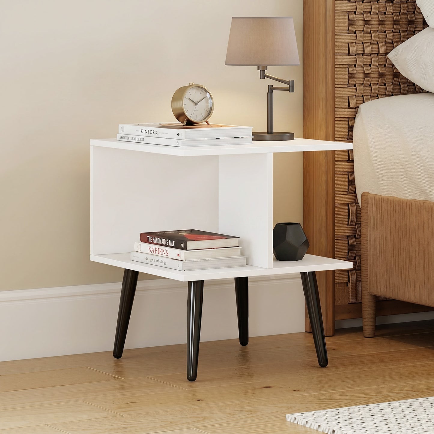 White 2-tier mid-century modern end table with metal legs and two storage compartments for living room decor.