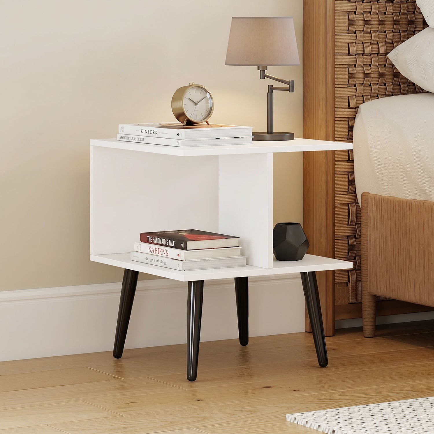 White 2-tier mid-century modern end table with metal legs and two storage compartments for living room decor.
