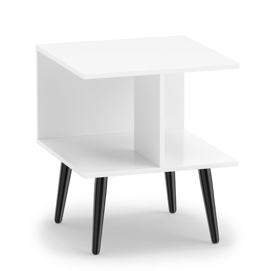 White 2-tier mid-century modern end table with two compartments and metal legs, ideal for living room decor.