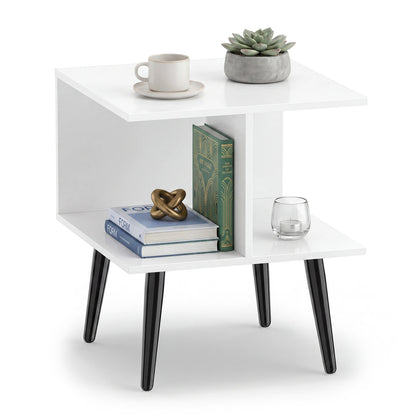 White 2-tier mid-century modern end table with metal legs and two compartments, ideal for living room storage.