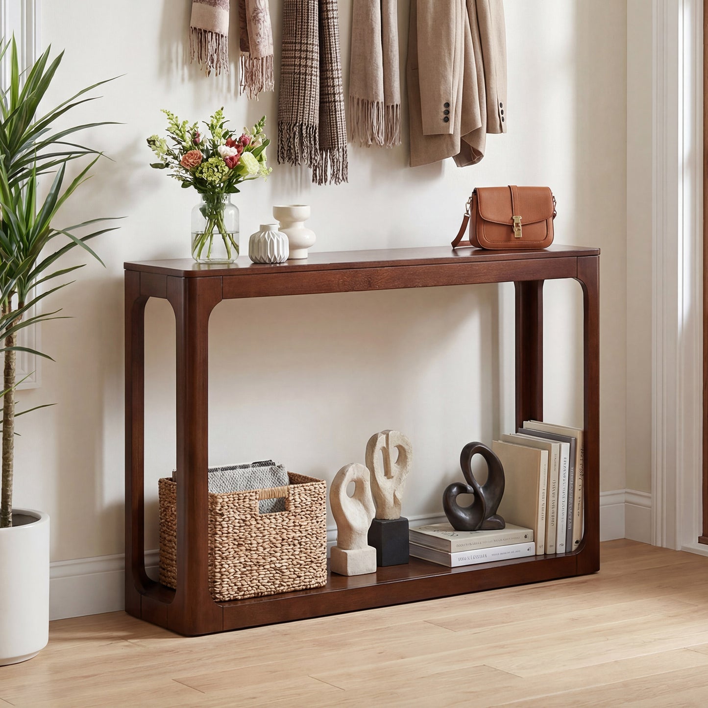 2-Tier Mid Century Wood Console Table with Storage Shelf-Brown