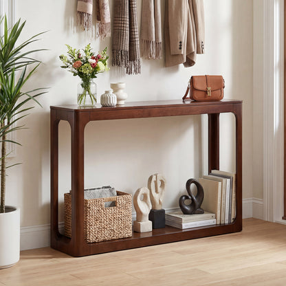 2-Tier Mid Century Wood Console Table with Storage Shelf-Brown