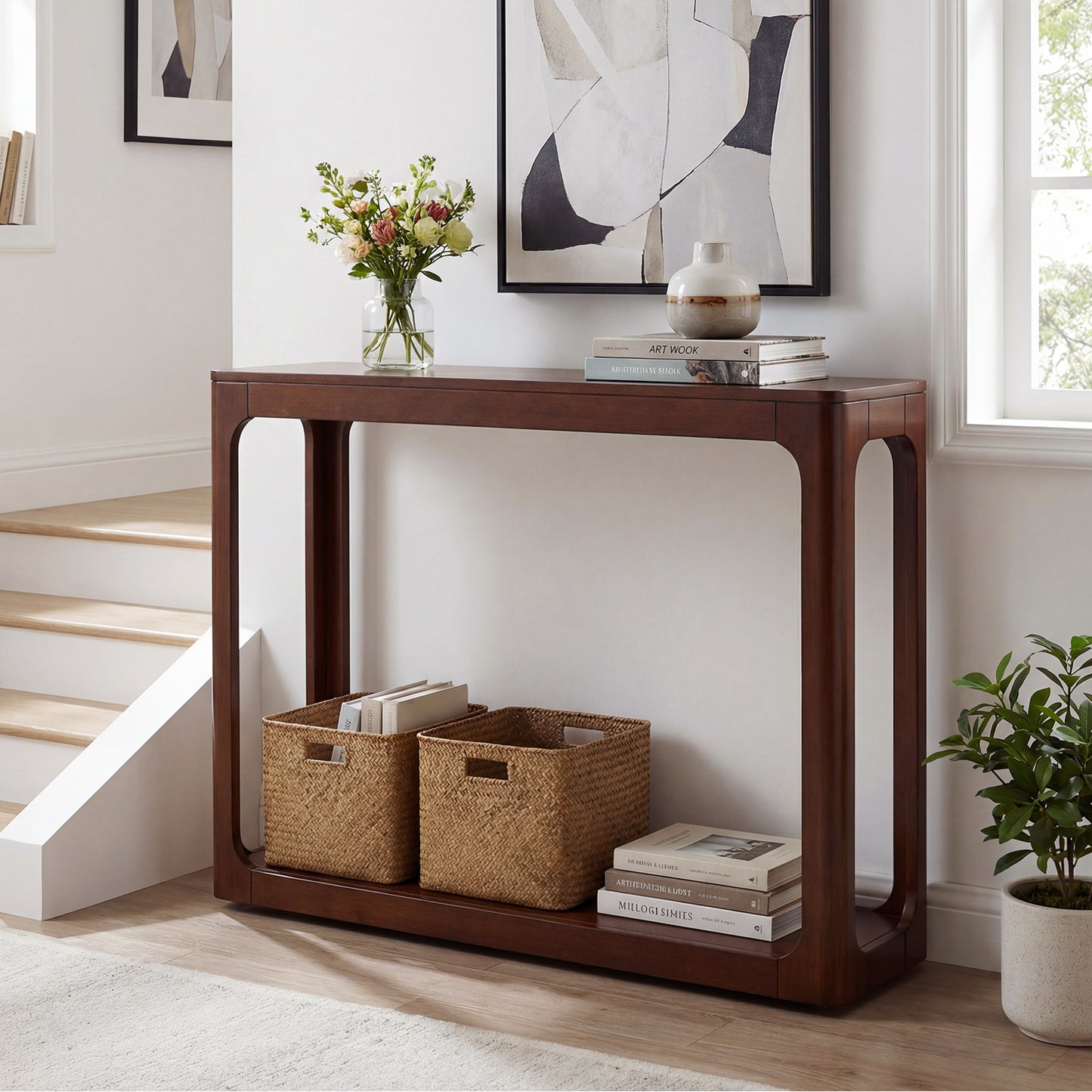2-Tier Mid Century Wood Console Table with Storage Shelf-Brown