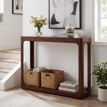 2-Tier Mid Century Wood Console Table with Storage Shelf-Brown
