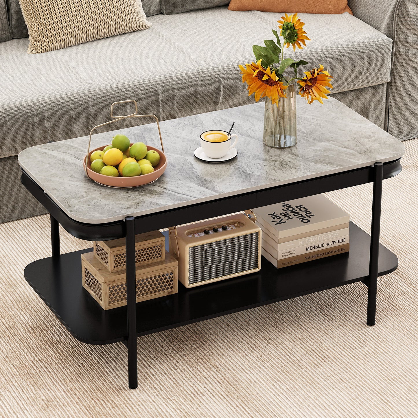 2-Tier Modern Rectangular Coffee Table with Sintered Stone Top-Gray