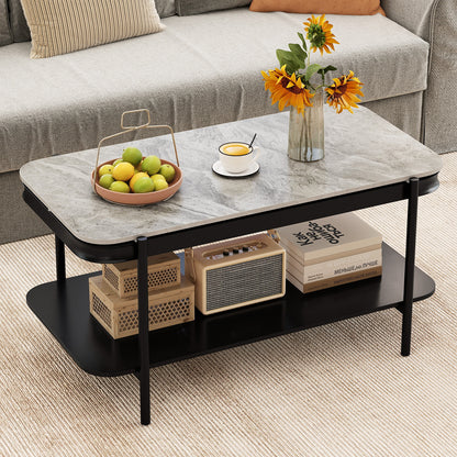 2-Tier Modern Rectangular Coffee Table with Sintered Stone Top-Gray