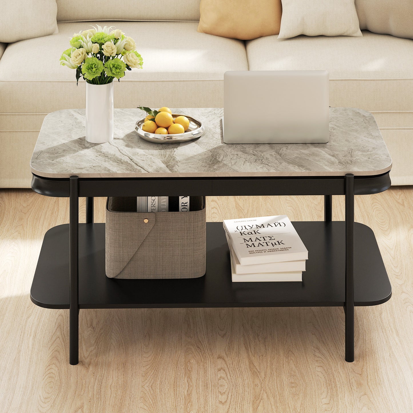 2-Tier Modern Rectangular Coffee Table with Sintered Stone Top-Gray