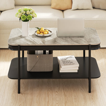 2-Tier Modern Rectangular Coffee Table with Sintered Stone Top-Gray