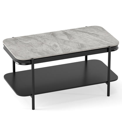 2-Tier Modern Rectangular Coffee Table with Sintered Stone Top-Gray