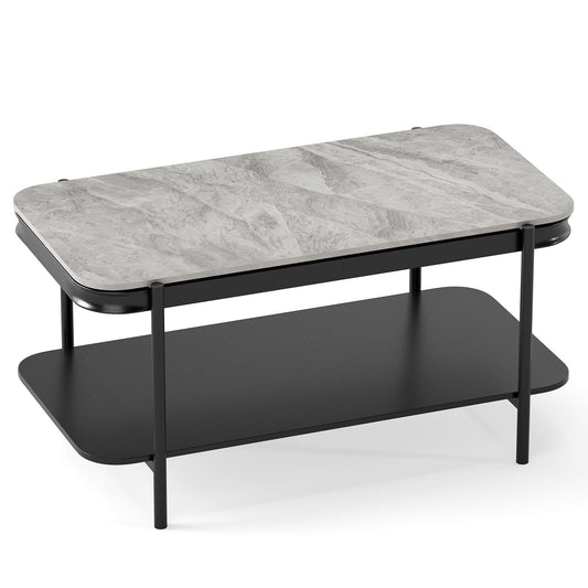 2-Tier Modern Rectangular Coffee Table with Sintered Stone Top-Gray