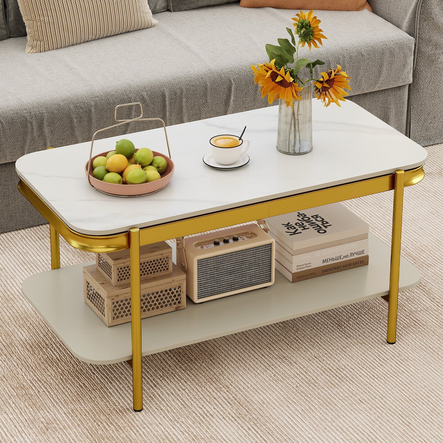 2-Tier Modern Rectangular Coffee Table with Sintered Stone Top-Gray