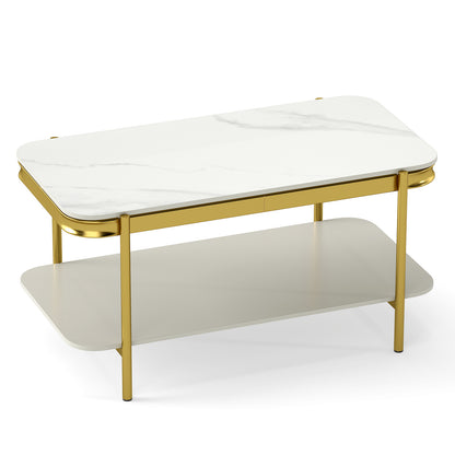 2-Tier Modern Rectangular Coffee Table with Sintered Stone Top-Gray