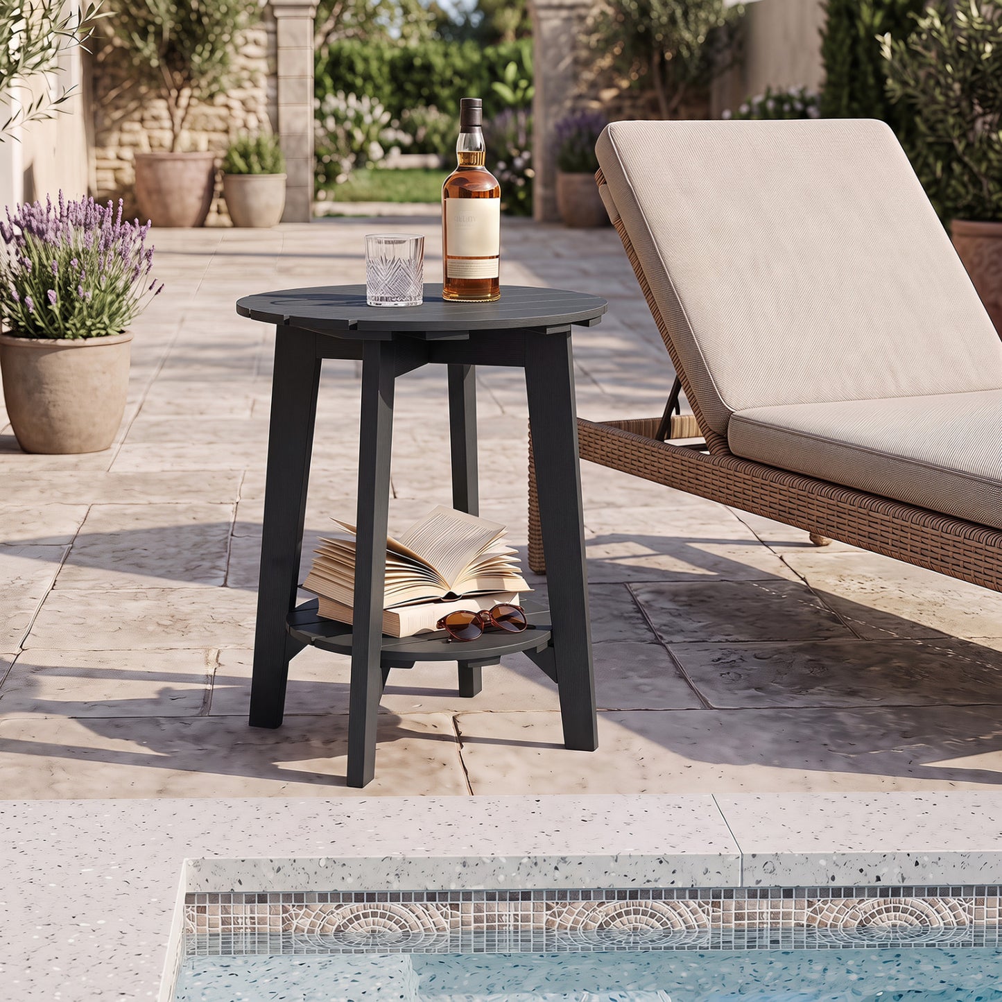 2-Tier Outdoor Eucalyptus Wood Side Table with Slatted Tabletop and Storage Shelf for Backyard-Black