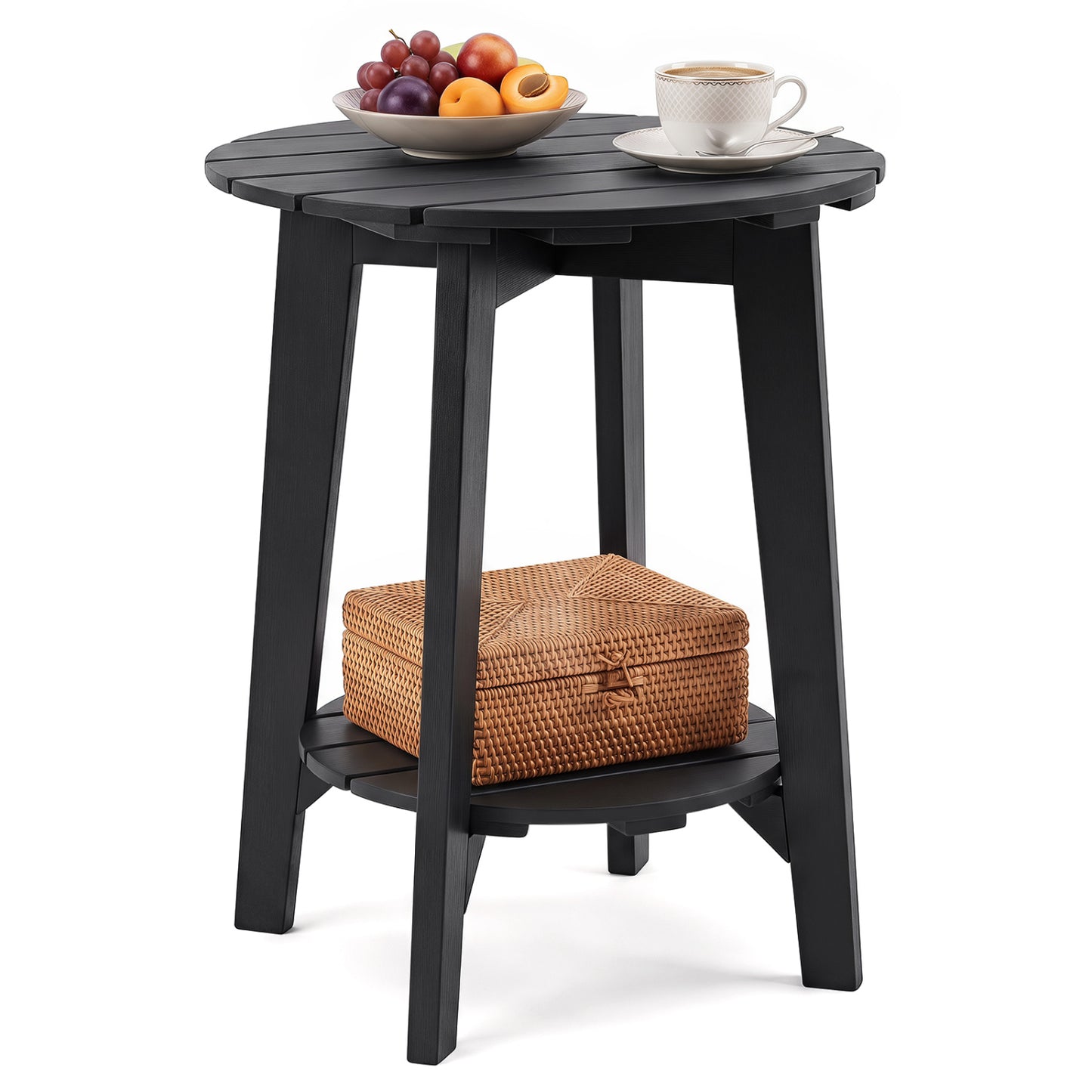 2-Tier Outdoor Eucalyptus Wood Side Table with Slatted Tabletop and Storage Shelf for Backyard-Black