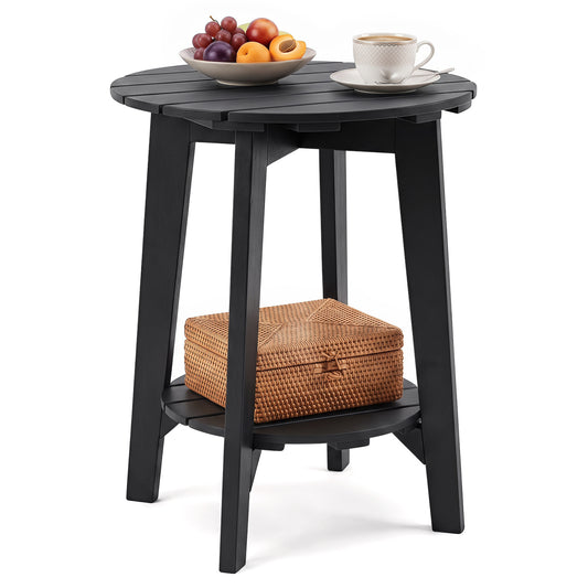 Black 2-tier outdoor eucalyptus wood side table with slatted tabletop and lower storage shelf for patio or backyard use.