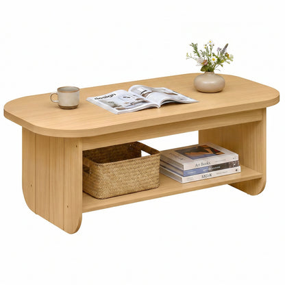 Natural oval 2-tier coffee table with bottom storage shelf, mid-century style, in a natural wood finish for living room decor.