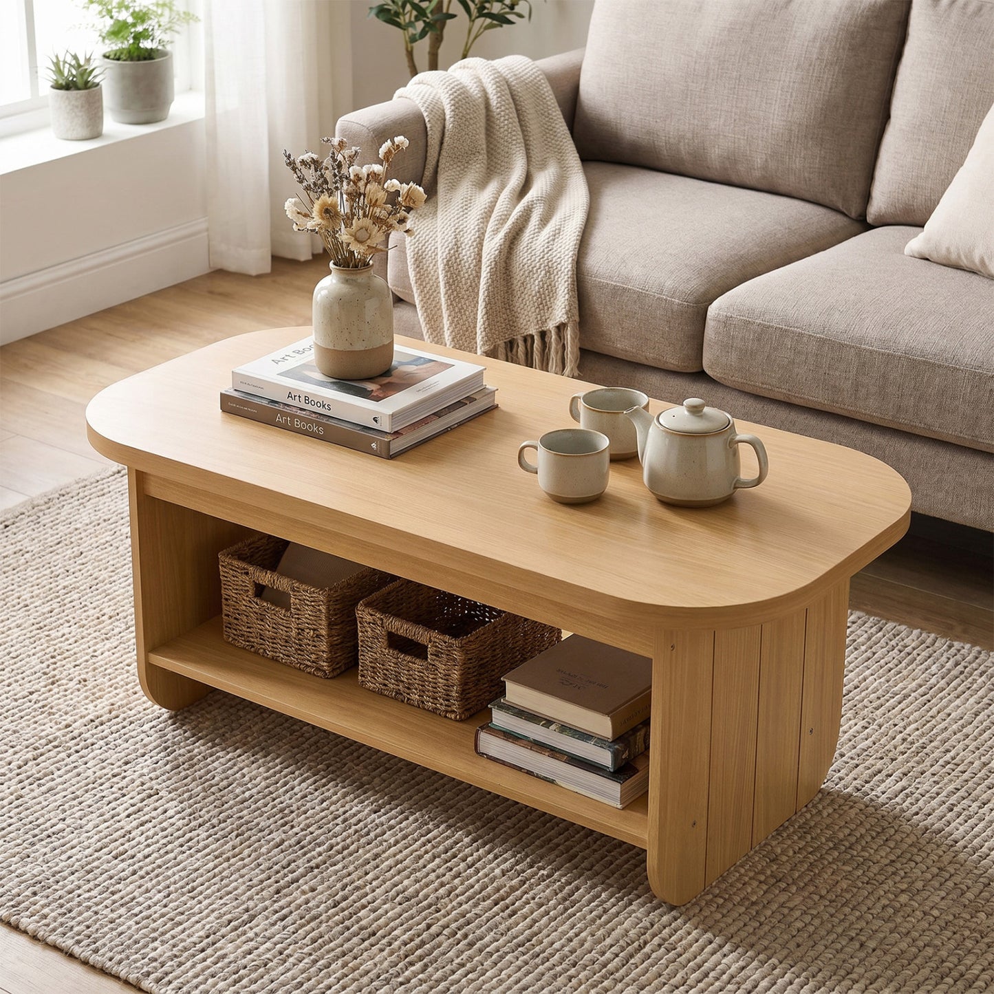 Natural oval 2-tier coffee table with bottom storage shelf, mid-century style, in a natural wood finish for living room decor.