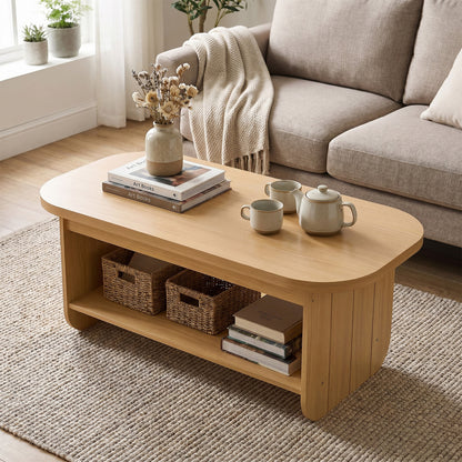Natural oval 2-tier coffee table with bottom storage shelf, mid-century style, in a natural wood finish for living room decor.