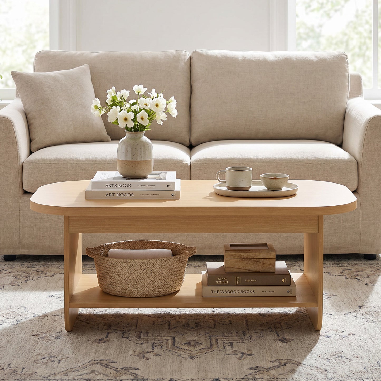 Natural wood 2-tier oval coffee table with bottom storage shelf for living room, mid-century style by Wilsons Home Store